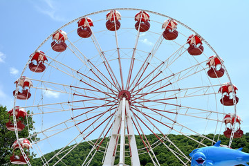 Ride the Ferris wheel on a background of mountains