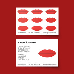 Business card vector template. Make up artist or other beauty profession or business. Pattern with lips. Red color