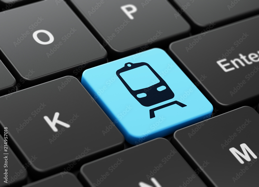Aufkleber vacation concept: computer keyboard with train icon on enter button background, 3d rendering