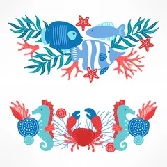 Foto op Plexiglas anti-reflex Onder de zee Oceaancomposities met vissen, zeesterren, koralen, schelpen, krab, zeepaardje, zeewier