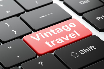 Vacation concept: computer keyboard with word Vintage Travel, selected focus on enter button background, 3D rendering