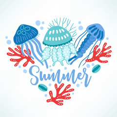 Fototapeta premium Ocean greeting card with corals, jellyfish, shell, bubbles