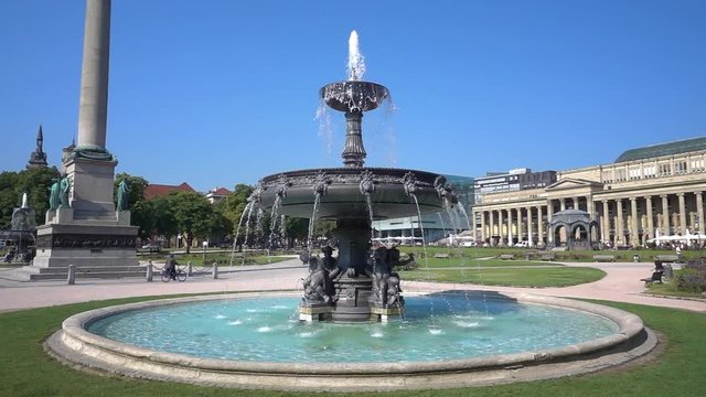 Slow motion of fountain on square in Stuttgart Germany