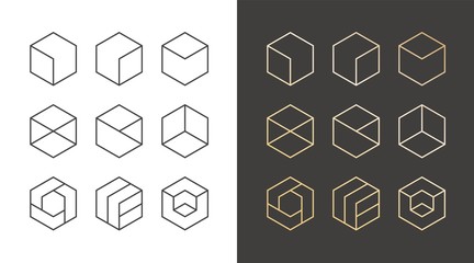 Set of 9 icons, trendy golden logo. Linear design elements. Hexagon vector illustration