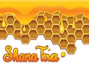 Vector colorful illustration for celebrating Rosh Hashanah. Realistic style honeycomb with liquid gold honey and Shana Tova inscription. Tasty drawing lettering for Israel's new year