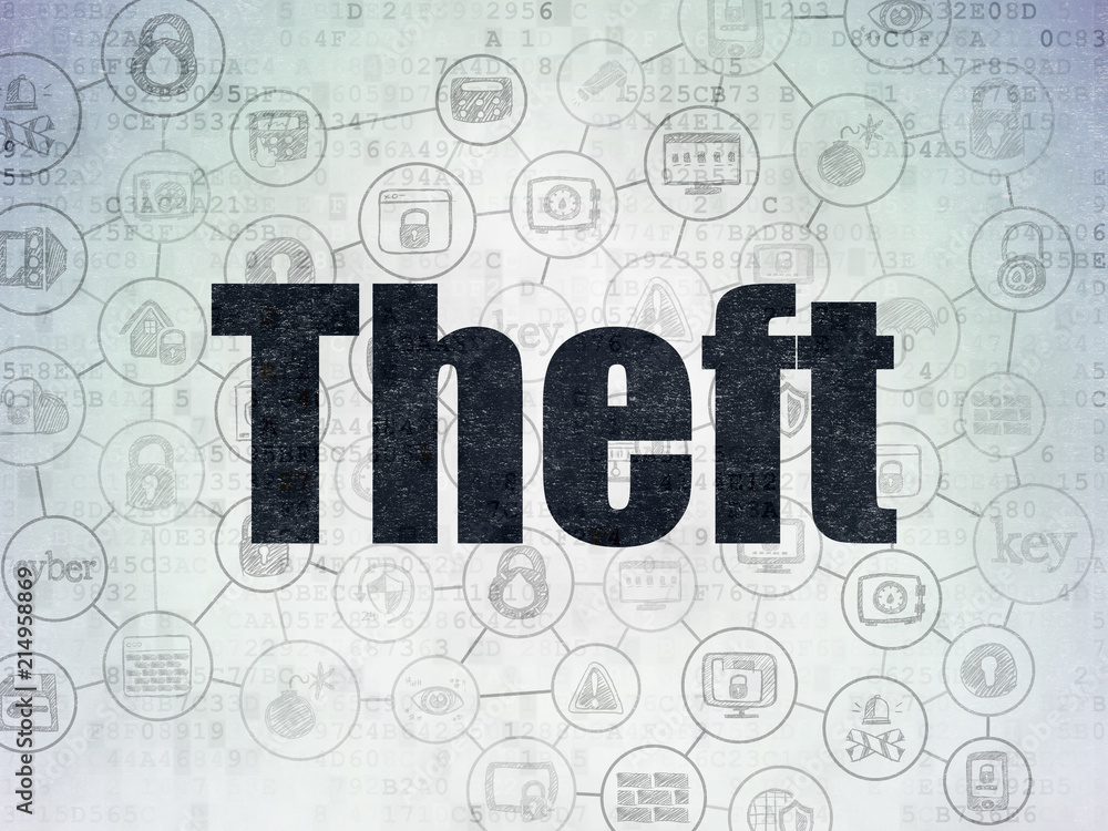 Poster security concept: painted black text theft on digital data paper background with scheme of hand draw