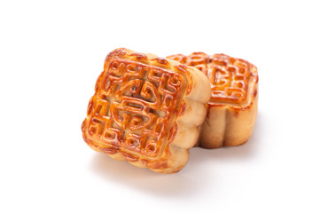 Mooncake in chinese traditional mid-autumn festival(moon festival) isolated on white background with clipping path(saved path), and copy space(text space), close up.