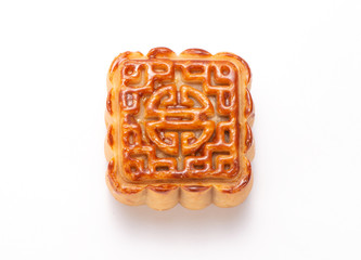 Mooncake in chinese traditional mid-autumn festival(moon festival) isolated on white background with clipping path(saved path), and copy space(text space), close up.