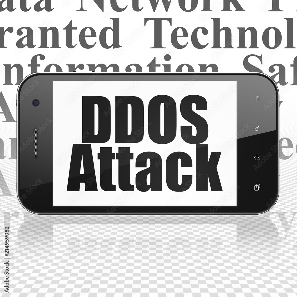 Poster security concept: smartphone with black text ddos attack on display, tag cloud background, 3d render