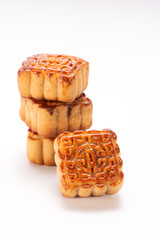 Mooncake in chinese traditional mid-autumn festival(moon festival) isolated on white background with clipping path(saved path), and copy space(text space), close up.