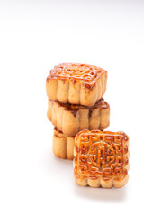 Mooncake in chinese traditional mid-autumn festival(moon festival) isolated on white background with clipping path(saved path), and copy space(text space), close up.