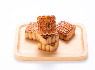 Mooncake in chinese traditional mid-autumn festival(moon festival) isolated on white background with clipping path(saved path), and copy space(text space), close up.