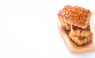 Mooncake in chinese traditional mid-autumn festival(moon festival) isolated on white background with clipping path(saved path), and copy space(text space), close up.