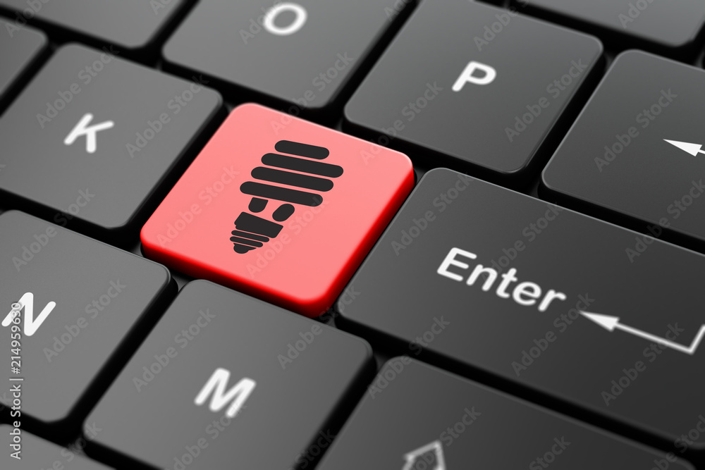 Aufkleber business concept: computer keyboard with energy saving lamp icon on enter button background, 3d rend
