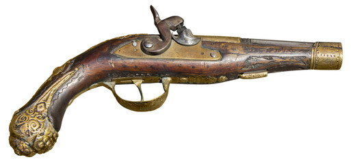 Old vintage firelock gun isolated on white background