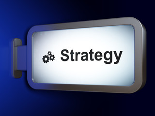 Business concept: Strategy and Gears on advertising billboard background, 3D rendering