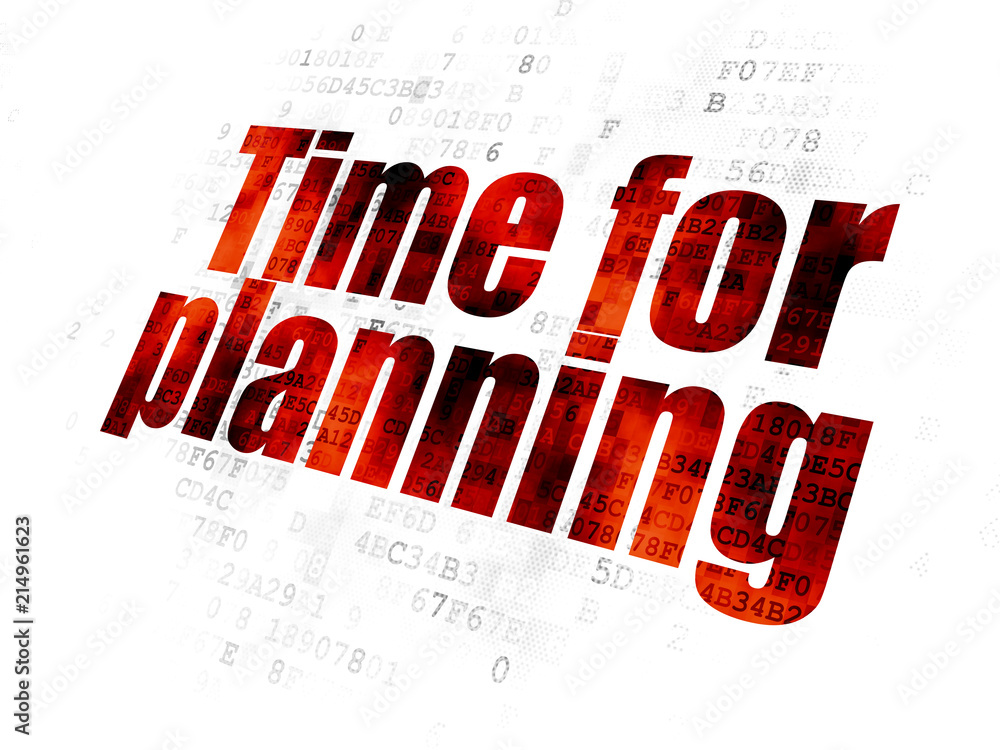 Poster timeline concept: pixelated red text time for planning on digital background