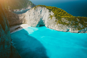 Navagio beach with Shipwreck on the beach with turquoise water. Famous landmark location of Zakynthos island in the world, Greece