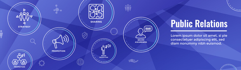 Public Relations Web Header Banner and Icon Set with brand awareness, strategy, and promotion