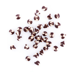 Chocolate chip morsels spread on white background