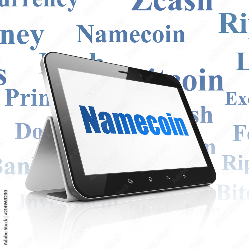 Aufkleber blockchain concept: tablet computer with blue text namecoin on display, tag cloud background, 3d ren