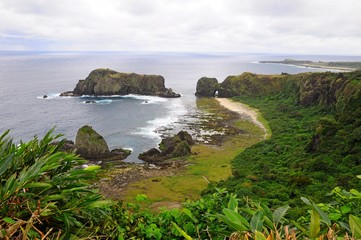 Famous Rocks: The Sleeping Beauty and Pekinese on the beach and landscape of seaside on Green Island in Taitung, Taiwan