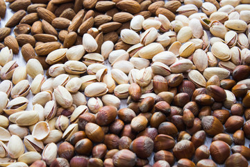 Assorted mixed nuts, almond, hazelnut, walnuts, pistachios.