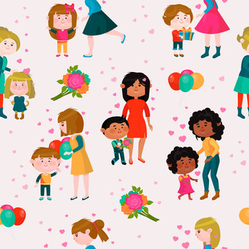 Valentines day vector loving family mothers day mom and kids valentine lovely heart girl or boy kissing and hugging child with gift flowers and balloons illustration seamless pattern background