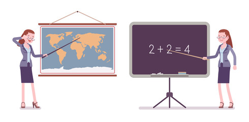 Female teacher stands at map, blackboard