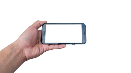 Man holding a telephone white screen - isolated on white Background.