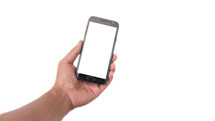 Man holding a telephone white screen - isolated on white Background.