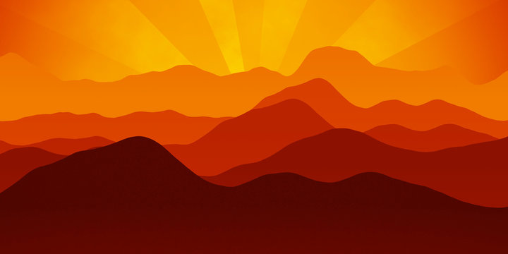 Simple landscape with mountains over sun, panorama scale ratio 8:4 