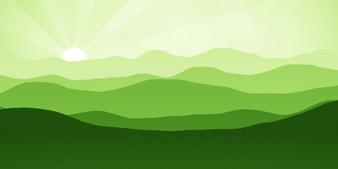 Simple landscape with mountains over sun, panorama scale ratio 8:4 