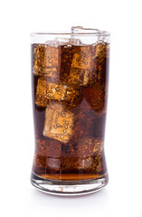 Cola in glass with ice cubes on white background