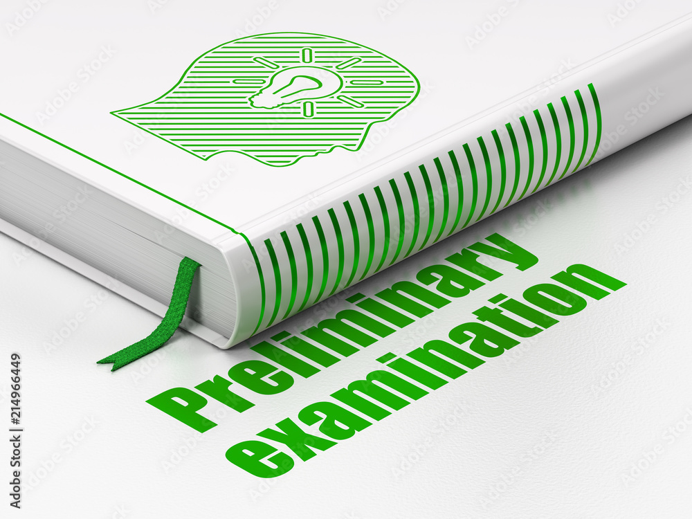 Poster learning concept: closed book with green head with light bulb icon and text preliminary examination 