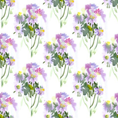 Seamless Patterns with violet watercolor summer flowers