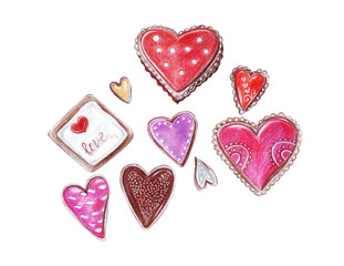 Hand drawing watercolor pencils different kinds of hearts