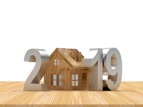 2019 silver number with wooden house icon. 3D illustration