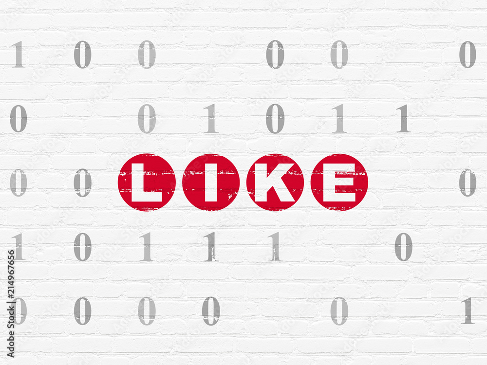 Poster social media concept: painted red text like on white brick wall background with binary code