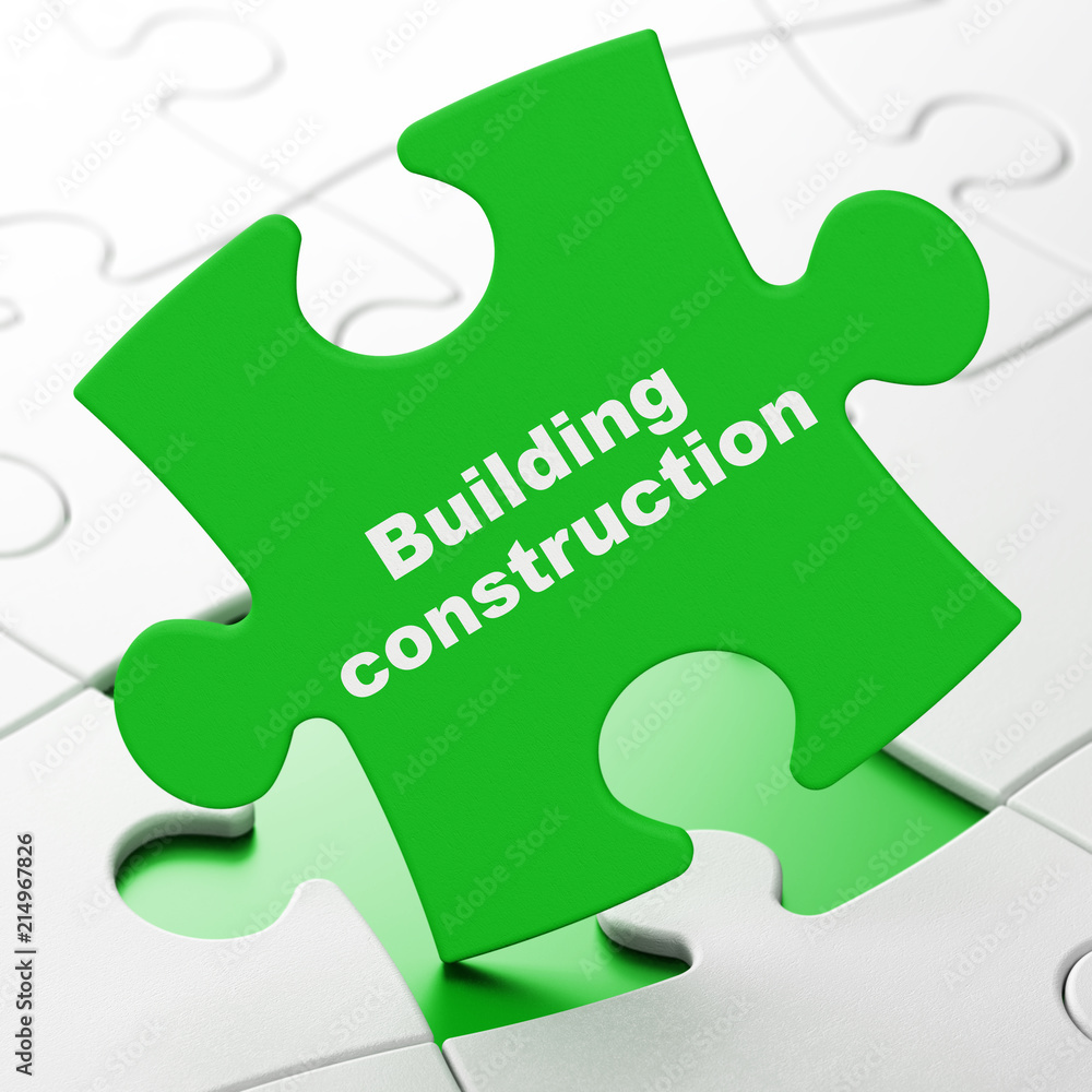 Poster constructing concept: building construction on green puzzle pieces background, 3d rendering