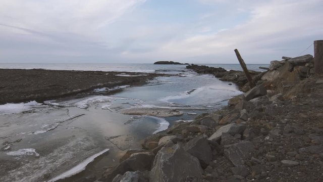 Icy waves in Skagaströnd, Iceland, a sleepy fishing village in the north. Filmed in the winter months in the cold ice and snow.