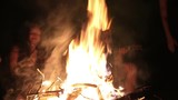 Young happy friends sing songs around the campfire at night
