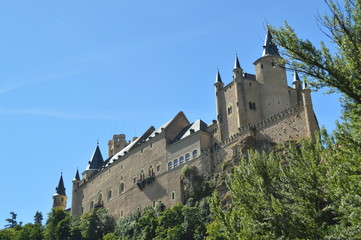 Fototapeta na wymiar Alcazar Castle Seen From The River That Runs Through The Valley That Reigns In Segovia Slightly Caught By A Small Grove. Architecture, Travel, History. June 18, 2018. Segovia Castilla Leon Spain.