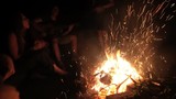 Young people sing songs with a guitar around the campfire at night
