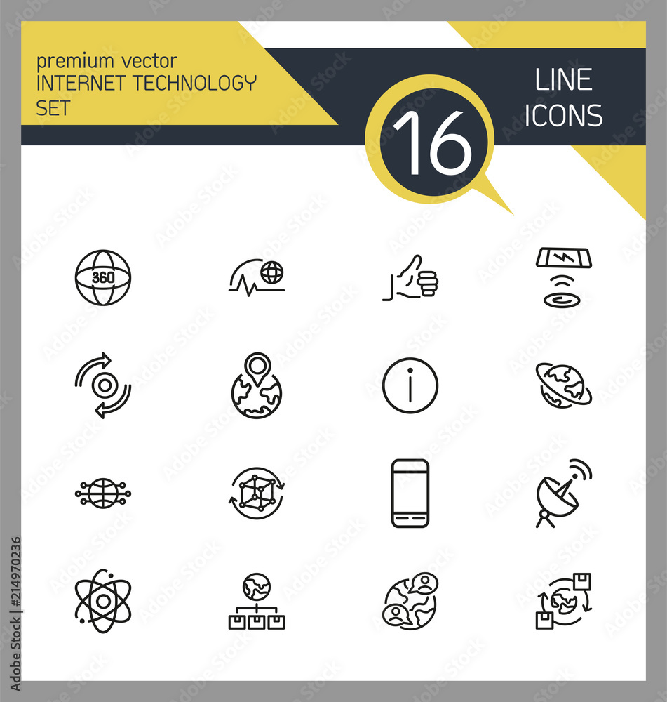 Poster internet technology icons. set of line icons. cloud, social media, thumb up. internet technology con