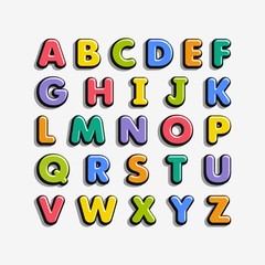 Alphabet for kids in the cartoon style. Children's font with colorful letters. Vector illustration