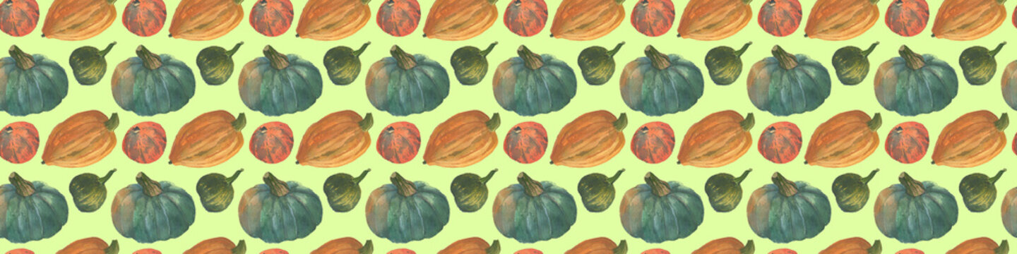 Orange and greenery pumpkins seamless watercolor pattern background with natural paper texture for the creative design of eco shop and bio store, organic food banner, yoga healthy food branding.