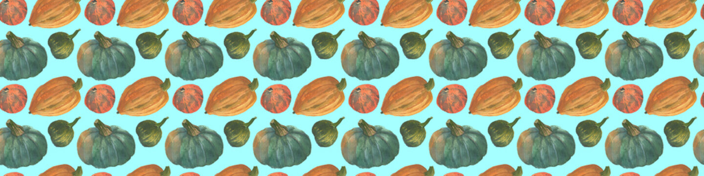 Orange and greenery pumpkins seamless watercolor pattern background with natural paper texture for the creative design of eco shop and bio store, organic food banner, yoga healthy food branding.