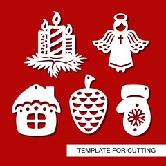 Set of christmas Decoration - silhouettes of Angel, candles, pine cone, mitten, hut (small house). Template for laser cutting, wood carving, paper cut. Decor for xmas tree. Vector illustration.