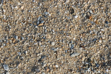 River sand and small pebbles on the shore close up. Stones.